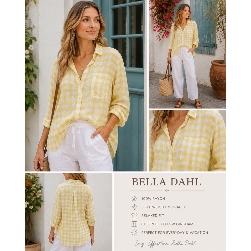 Bella Dahl Yellow Gingham Rayon Relaxed‎ Button Front Coastal Shirt L